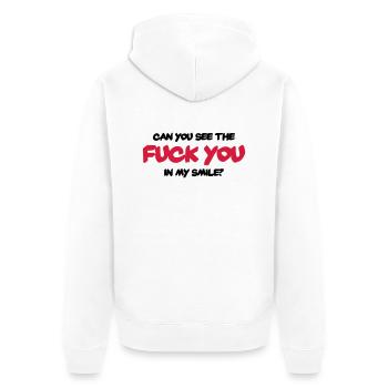 Can you see the "Fuck You" in my smile? - Unisex Premium Bio Zip Hoodie - Weiß - Hinten - Thijin (182cm)