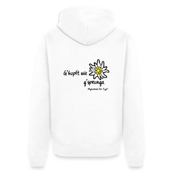 G' hupft | Egal Tassen & Zubehör - Unisex Premium Bio Zip Hoodie - Weiß - Hinten - Thijin (182cm)
