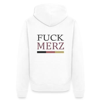 fuck merz - Unisex Premium Bio Zip Hoodie - Weiß - Hinten - Thijin (182cm)