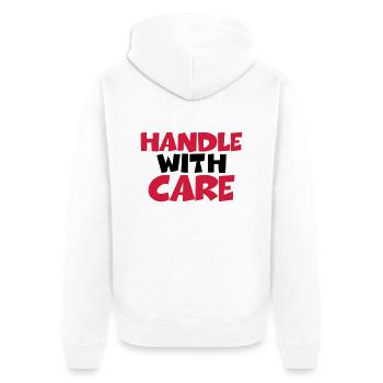 Handle with care - Unisex Premium Bio Zip Hoodie - Weiß - Hinten - Thijin (182cm)