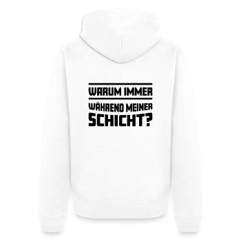 Warum immer während meiner Schicht? - Unisex Premium Bio Zip Hoodie - Weiß - Hinten - Thijin (182cm)