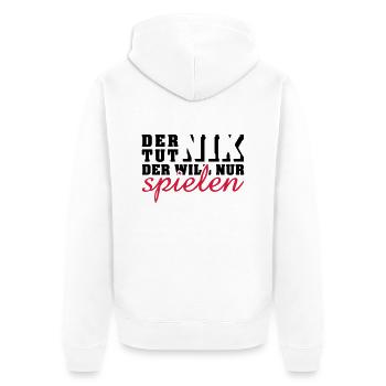 der tut nix, der will nur spielen (2c) - Unisex Premium Bio Zip Hoodie - Weiß - Hinten - Thijin (182cm)