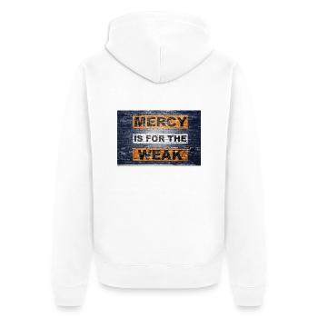 Barmherzigkeit ist für die Schwachen Spruch Schriftzug Graffiti auf - Unisex Premium Bio Zip Hoodie - Weiß - Hinten - Thijin (182cm)