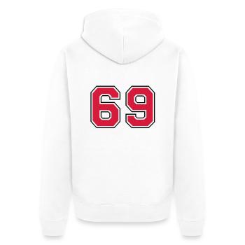 69__f2 - Unisex Premium Bio Zip Hoodie - Weiß - Hinten - Thijin (182cm)