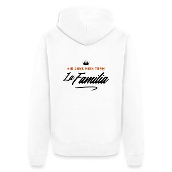 nie ohne mein team familia - Unisex Premium Bio Zip Hoodie - Weiß - Hinten - Thijin (182cm)
