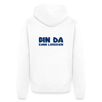 Bin da - Kann losgehen - Unisex Premium Bio Zip Hoodie - Weiß - Hinten - Thijin (182cm)