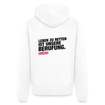 Unsere Berufung - Unisex Premium Bio Zip Hoodie - Weiß - Hinten - Thijin (182cm)