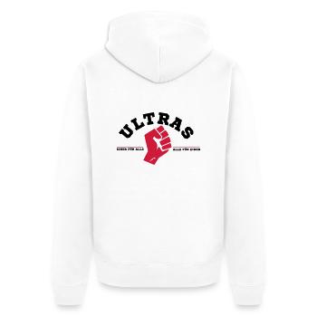 Ultras - alle für einen - Unisex Premium Bio Zip Hoodie - Weiß - Hinten - Thijin (182cm)