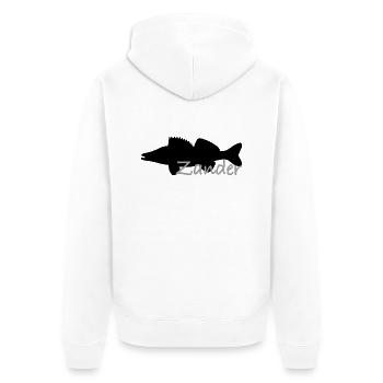 Zander in schwarz mit grauer Schrift - Unisex Premium Bio Zip Hoodie - Weiß - Hinten - Thijin (182cm)