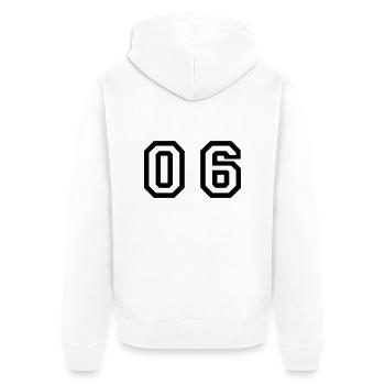 Nummer - 06 - Null Sechs - Unisex Premium Bio Zip Hoodie - Weiß - Hinten - Thijin (182cm)