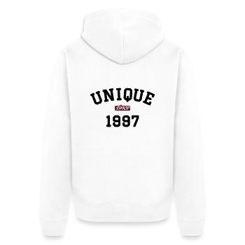 Unique Since 1997 - Unisex Premium Bio Zip Hoodie - Weiß - Hinten - Thijin (182cm)