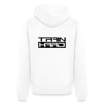 entraînement cool design texte haltère train dur e - Veste à capuche bio Premium Unisexe - blanc - Dos - Thijin (182cm)