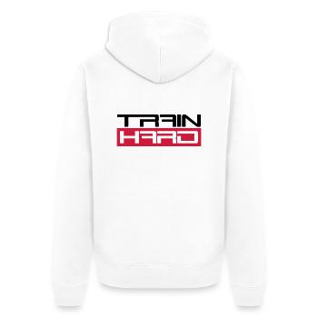workout cool design text hantel train hard trainie - Unisex Premium Bio Zip Hoodie - Weiß - Hinten - Thijin (182cm)