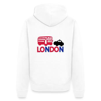 LONDON CAP BLACK & RED BUS - Unisex Premium Bio Zip Hoodie - Weiß - Hinten - Thijin (182cm)