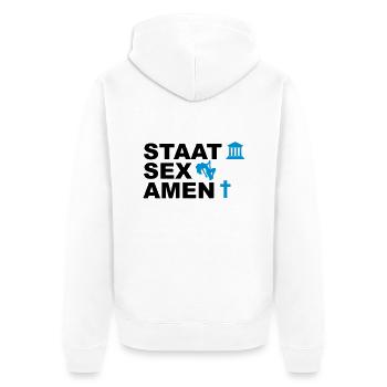 Staatsexamen / Staat Sex Amen - Unisex Premium Bio Zip Hoodie - Weiß - Hinten - Thijin (182cm)