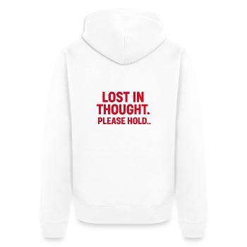 IN GEDANKEN VERTIEFT. BITTE BLEIBEN SIE IN DER LEITUNG... - Unisex Premium Bio Zip Hoodie - Weiß - Hinten - Thijin (182cm)