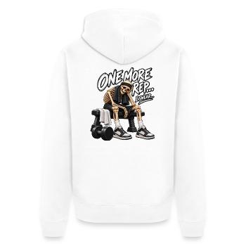 Noch eine Wiederholung, ich schwöre – lustiges Zitat aus dem Fitnessstudio - Unisex Premium Bio Zip Hoodie - Weiß - Hinten - Thijin (182cm)