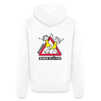 women in action - Unisex Premium Bio Zip Hoodie - Weiß - Hinten - Thijin (182cm)
