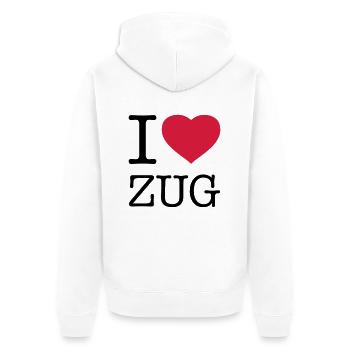 I LOVE ZUG - Unisex Premium Bio Zip Hoodie - Weiß - Hinten - Thijin (182cm)