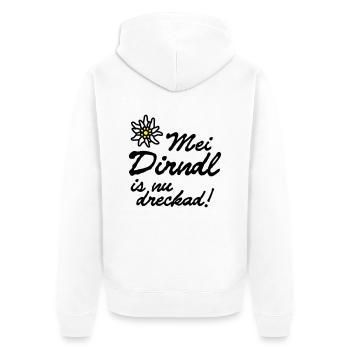 "Mei dirndl is nu dreckad!" | T-Shirts - Unisex Premium Organic Zip Hoodie - white - Back - Thijin (182cm)