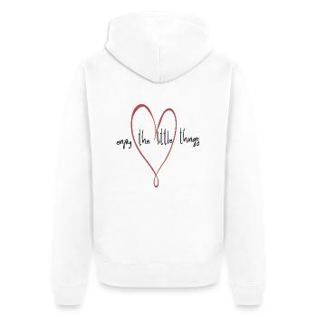 genieße die kleinen Dinge im Leben, Herz, Spruch - Unisex Premium Bio Zip Hoodie - Weiß - Hinten - Thijin (182cm)