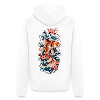 Koi in Wellen und Sakura - Unisex Premium Bio Zip Hoodie - Weiß - Hinten - Thijin (182cm)