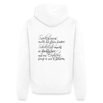 Sarkasmus, Schokolade und ein Einhorn... - Unisex Premium Bio Zip Hoodie - Weiß - Hinten - Thijin (182cm)