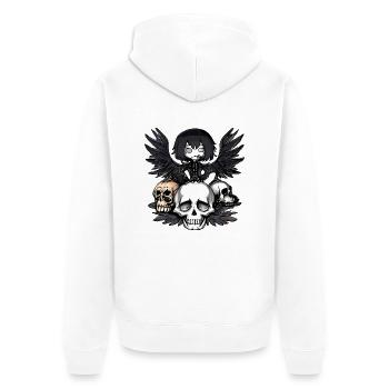 Rabe sitzt auf einem Schädel - Unisex Premium Bio Zip Hoodie - Weiß - Hinten - Thijin (182cm)