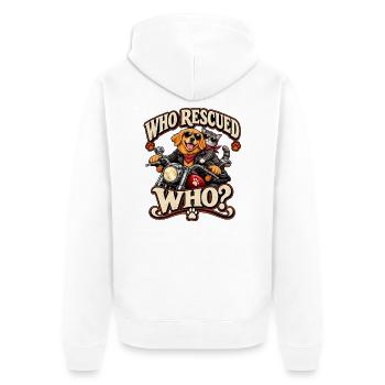 Wer hat wen auf dem Motorrad gerettet - Unisex Premium Bio Zip Hoodie - Weiß - Hinten - Thijin (182cm)