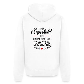 SUPERHELD PAPA - Unisex Premium Bio Zip Hoodie - Weiß - Hinten - Thijin (182cm)