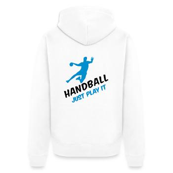 Handball - Just play it - Unisex Premium Bio Zip Hoodie - Weiß - Hinten - Thijin (182cm)