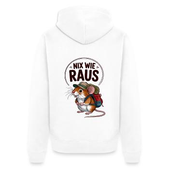 Nix wie raus - in die Natur - Wandern mit Maus - Unisex Premium Bio Zip Hoodie - Weiß - Hinten - Thijin (182cm)
