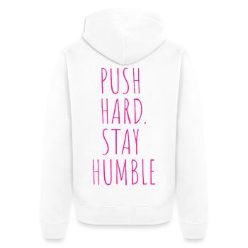 PUSH HARD. STAY HUMBLE - Unisex Premium Organic Zip Hoodie - white - Back - Thijin (182cm)