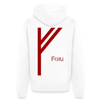 Fehu Rune mit Name Rot – Wikinger Futhark Nordisch - Unisex Premium Bio Zip Hoodie - Weiß - Hinten - Thijin (182cm)