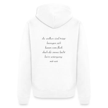 Die Sonne lacht, beim Untergang mit mir. - Unisex Premium Bio Zip Hoodie - Weiß - Hinten - Thijin (182cm)