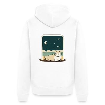 Cute Chubby Seal at Shore with Night Sky - Unisex Premium Organic Zip Hoodie - white - Back - Thijin (182cm)