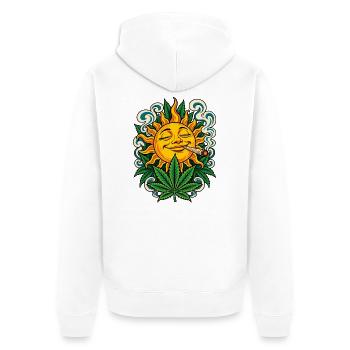 Sonne, Hanfblatt und Jointrauch - Unisex Premium Bio Zip Hoodie - Weiß - Hinten - Thijin (182cm)
