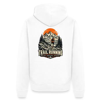 Trailrunning – Berge und Wege - Unisex Premium Bio Zip Hoodie - Weiß - Hinten - Thijin (182cm)