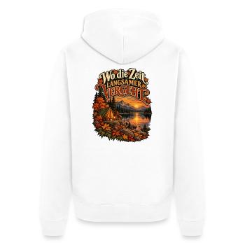 Wo die Zeit langsamer vergeht - Unisex Premium Bio Zip Hoodie - Weiß - Hinten - Thijin (182cm)