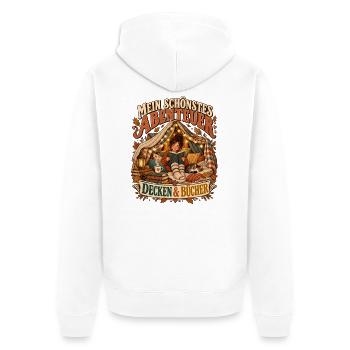 Mein schönstes Abenteuer – Decken & Bücher - Unisex Premium Bio Zip Hoodie - Weiß - Hinten - Thijin (182cm)