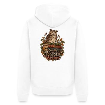 Zwischen Büchern wohnt die Weisheit - Unisex Premium Bio Zip Hoodie - Weiß - Hinten - Thijin (182cm)