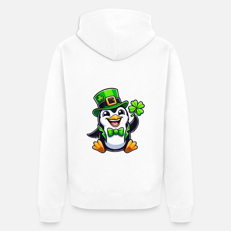 St. Patrick's Pinguin mit Glücksklee - Unisex Premium Bio Zip Hoodie - Weiß