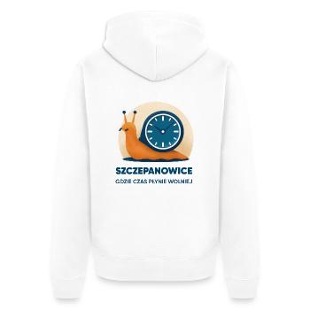 Szczepanowice – wo die Zeit langsamer vergeht - Unisex Premium Bio Zip Hoodie - Weiß - Hinten - Thijin (182cm)