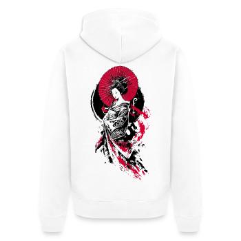 Geisha Parasol Rot Schwarz - Unisex Premium Bio Zip Hoodie - Weiß - Hinten - Thijin (182cm)