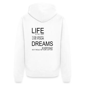 LIFE is too short - Unisex Premium Bio Zip Hoodie - Weiß - Hinten - Thijin (182cm)
