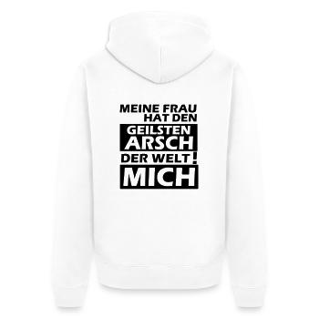 meine frau hat den geilsten arsch der welt - Unisex Premium Bio Zip Hoodie - Weiß - Hinten - Thijin (182cm)