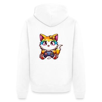 00240 flauschige Katze mit Kopfhörer & Controller - Unisex Premium Bio Zip Hoodie - Weiß - Hinten - Thijin (182cm)