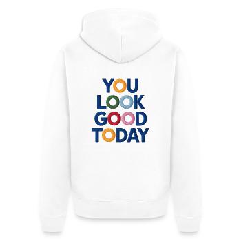 Du siehst heute gut aus bestickt - Unisex Premium Bio Zip Hoodie - Weiß - Hinten - Thijin (182cm)