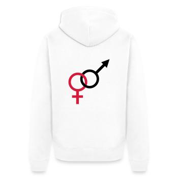 männlich weiblich - Unisex Premium Bio Zip Hoodie - Weiß - Hinten - Thijin (182cm)