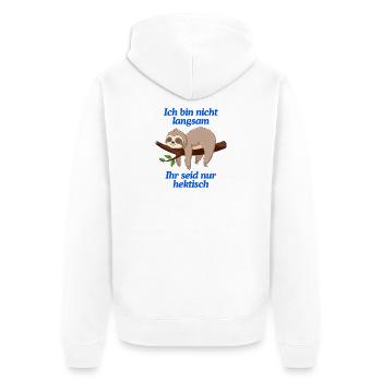 Lustiges Faultier T-Shirt | Langsam & Humor - Unisex Premium Bio Zip Hoodie - Weiß - Hinten - Thijin (182cm)